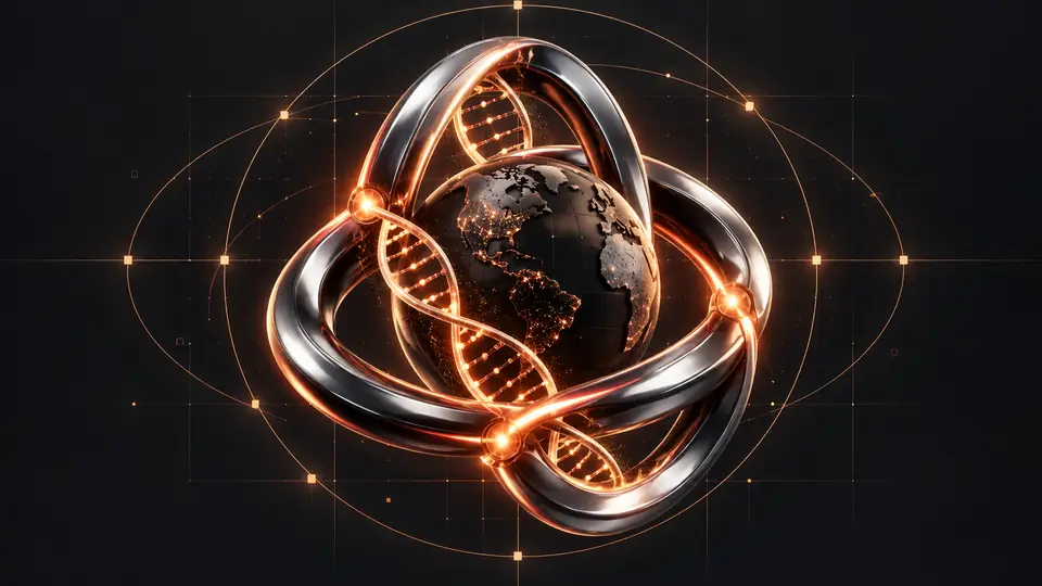 Vernetzter Globus mit Metallringen und DNA — symbolische Community-Illustration