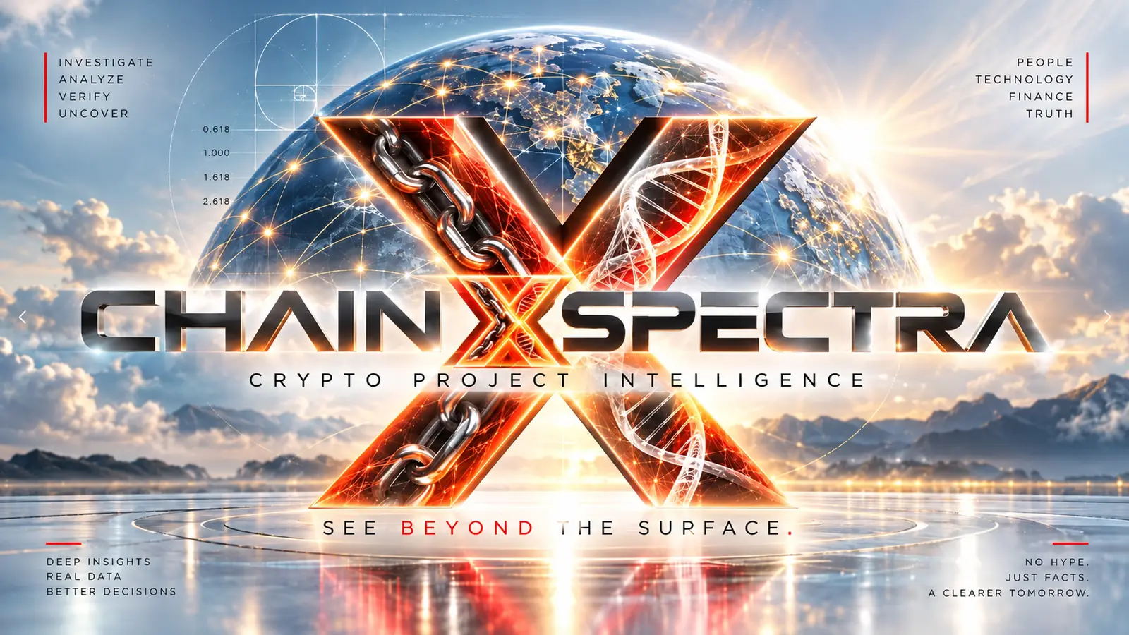 ChainXSpectra-Kette und DNA-X vor einem vernetzten Globus, hellem Himmel und warmem Korallenlicht. Sieh hinter die Oberfläche.