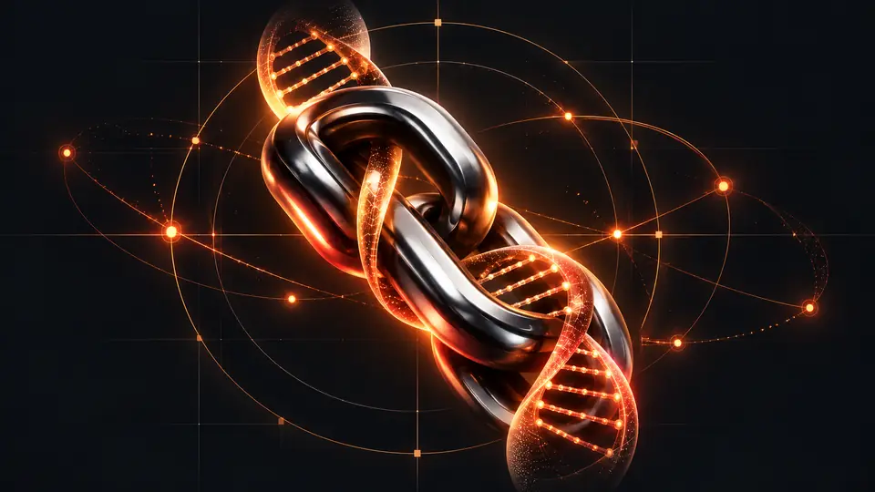 Verchromte Kettenglieder mit leuchtender DNA und verzweigten Verbindungen — symbolische Markenillustration